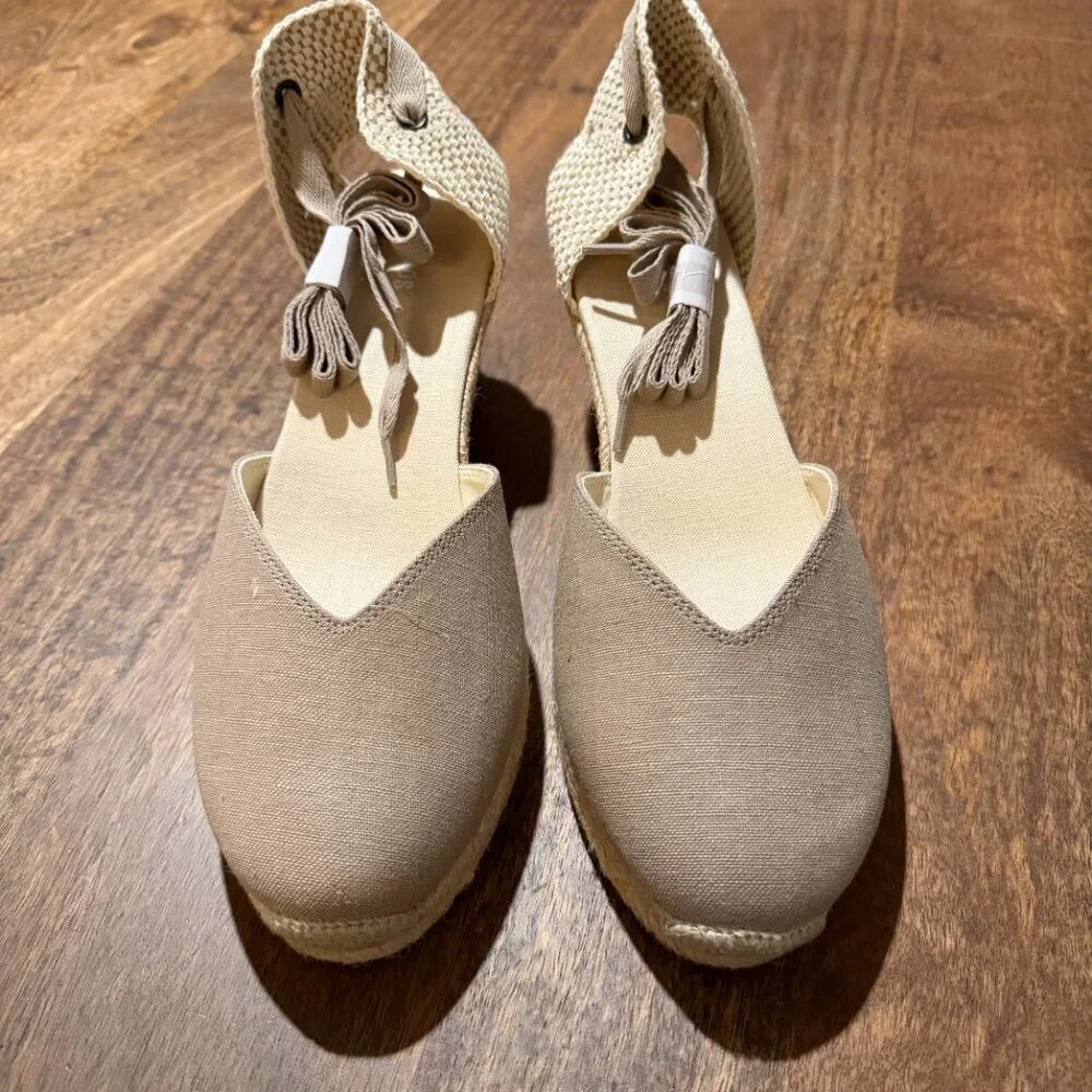 NEW Soludos Taupe Canvas Espadrille Wedge Sandals Ankle Tie Size 11